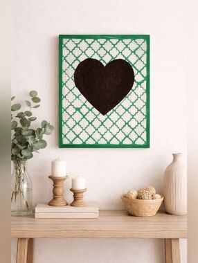 Handmade Black Heart Acrylic Painting 9x12 Green Quatrefoil Wall Art Decor